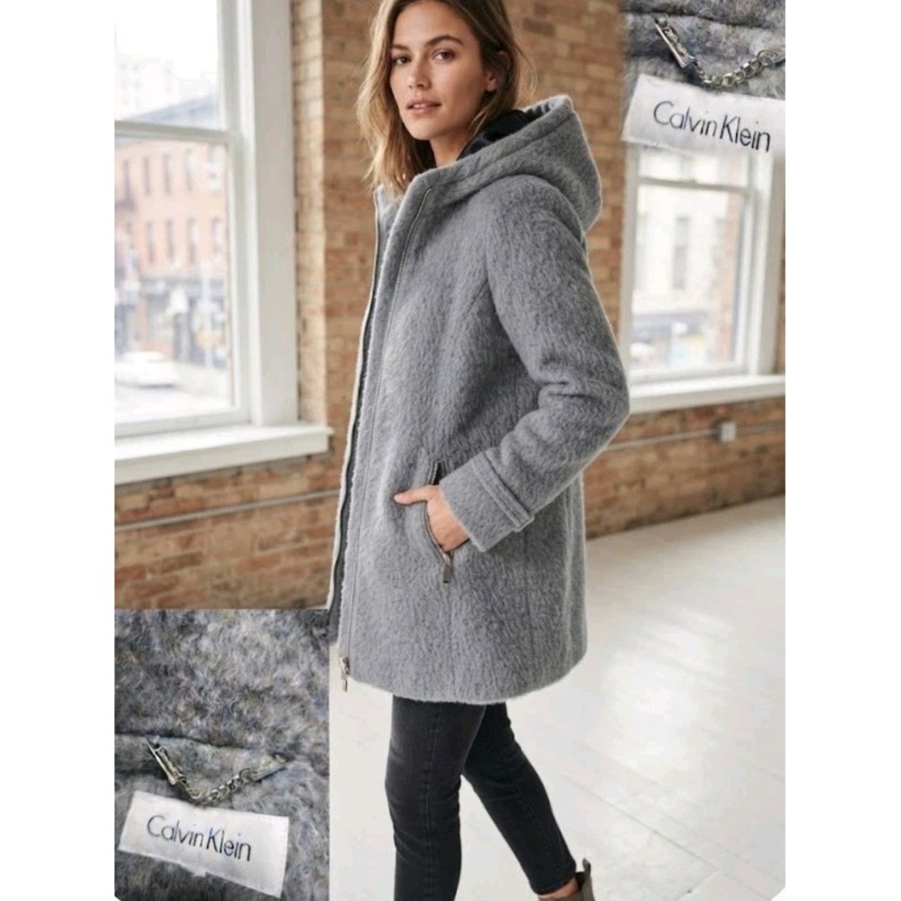 Calvin Klein Women's Gray Wool Blend Hooded Full Zip Jacket Coat